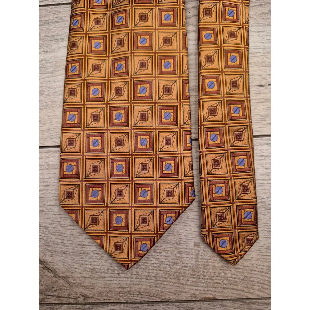 Robert Talbott Best of Class Silk‎ Tie Gold Orange Geometric Square Lavender Dot
